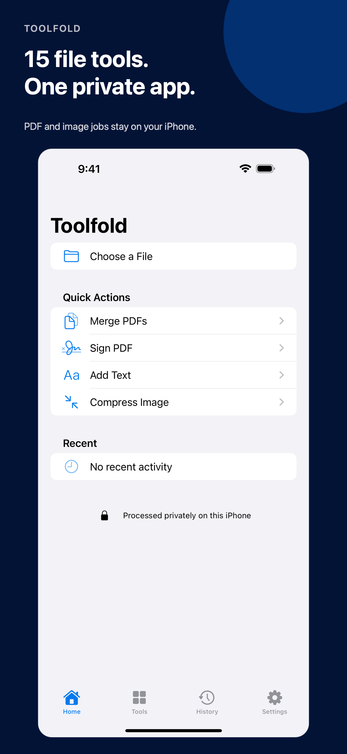 Toolfold home screen showing PDF and image tools